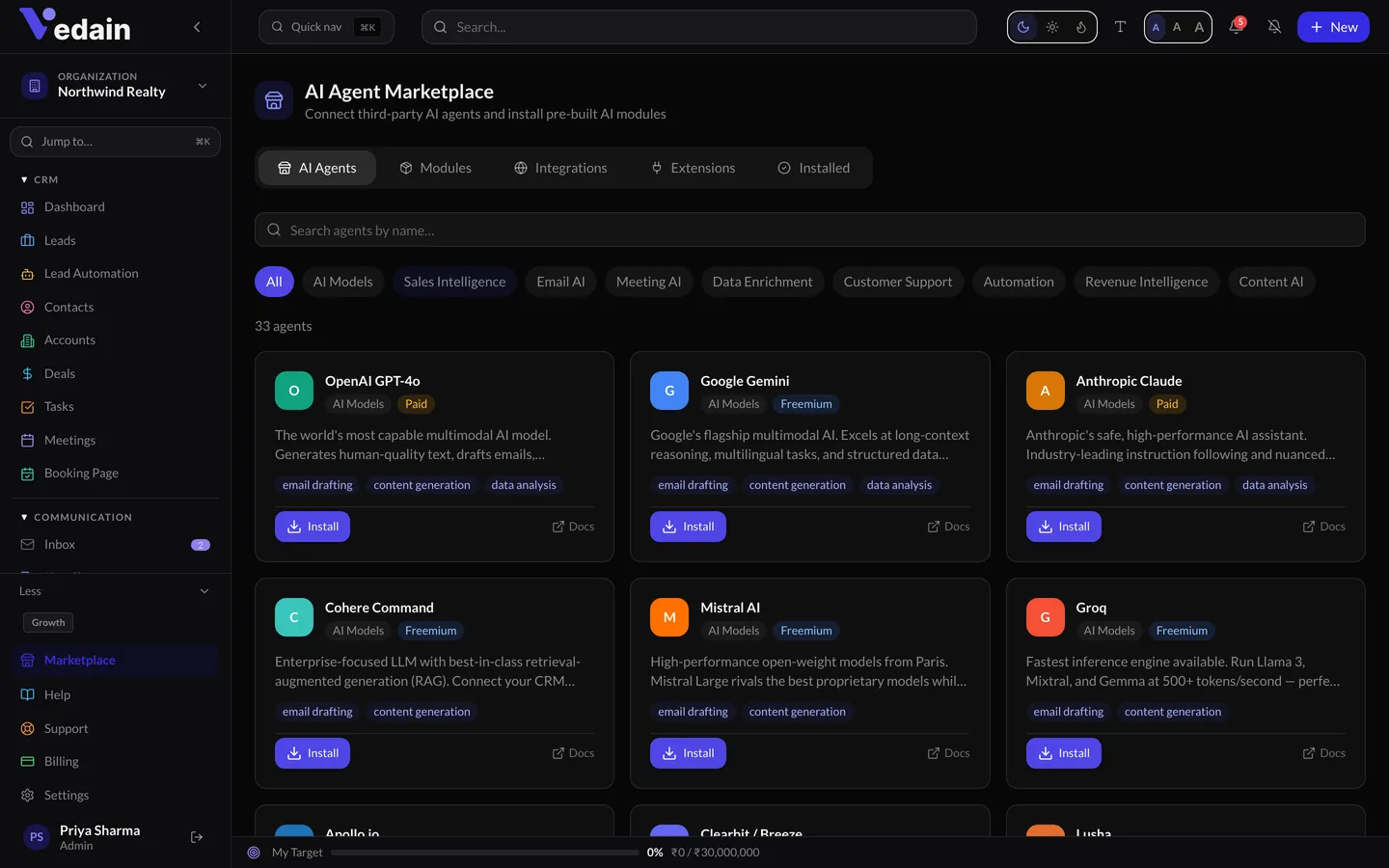 AI Agent Marketplace in Vedain CRM