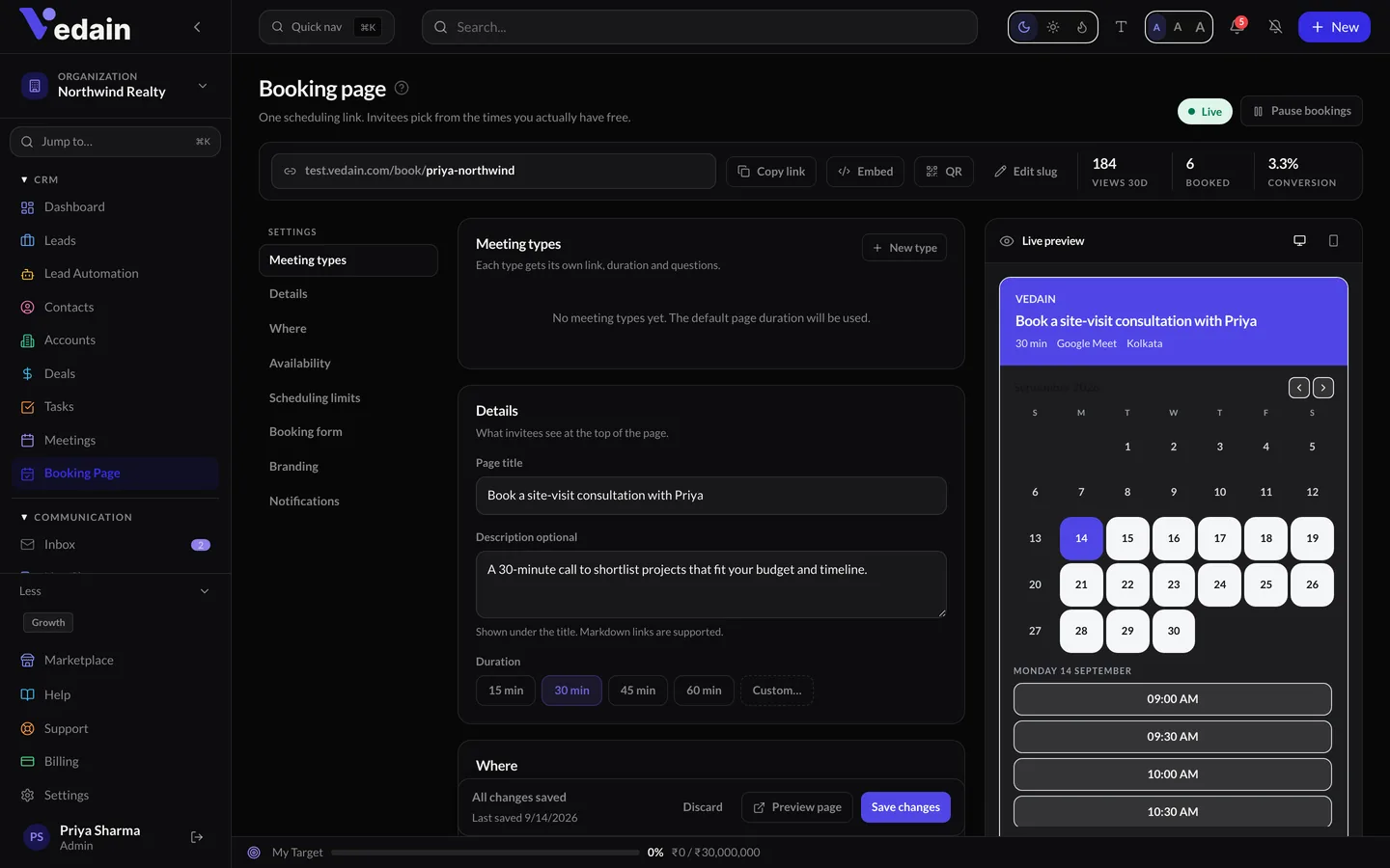 Booking Pages in Vedain CRM