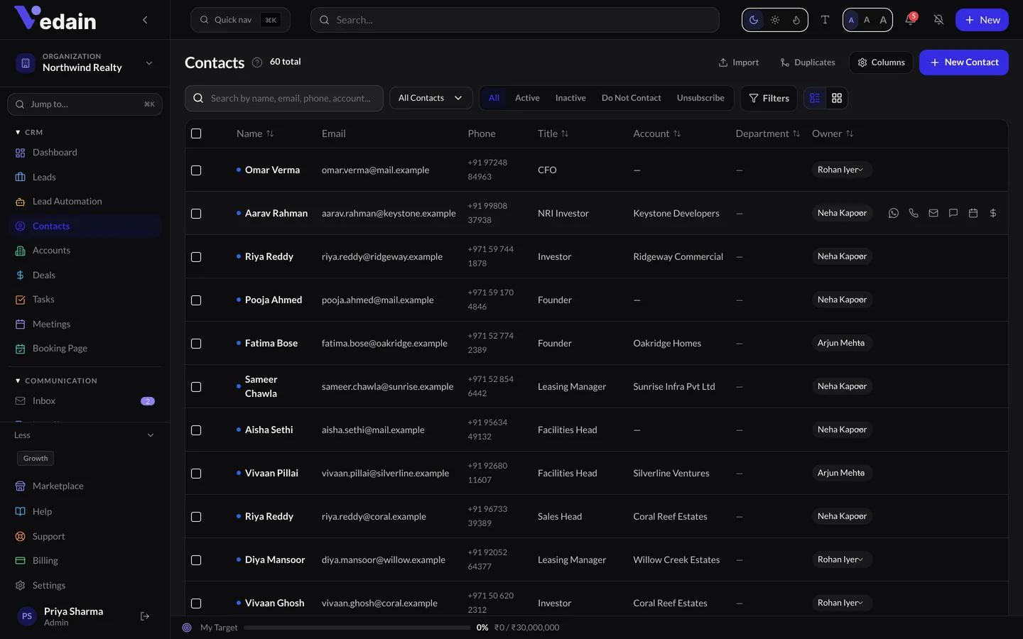 Contacts & Accounts in Vedain CRM