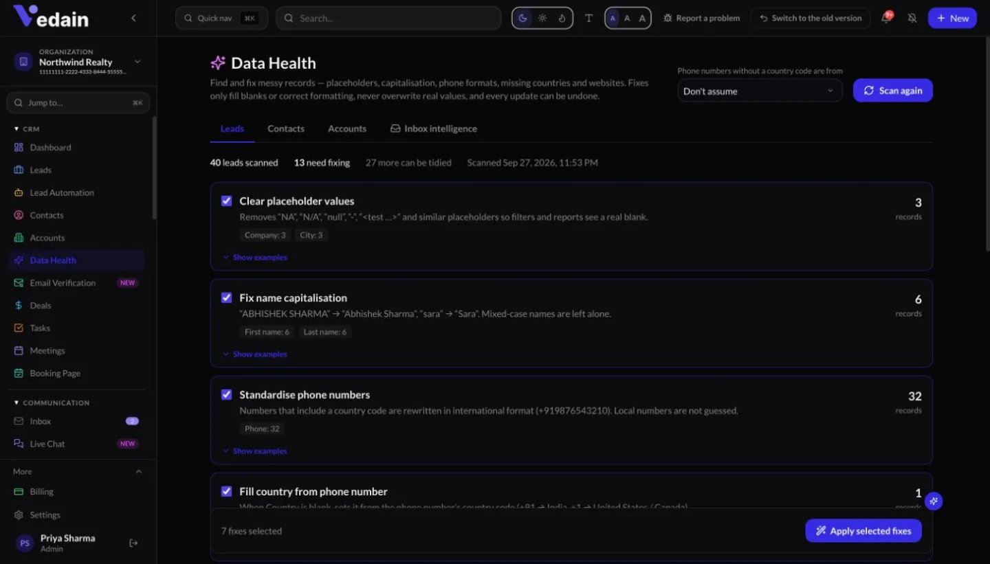 Data Health in Vedain CRM