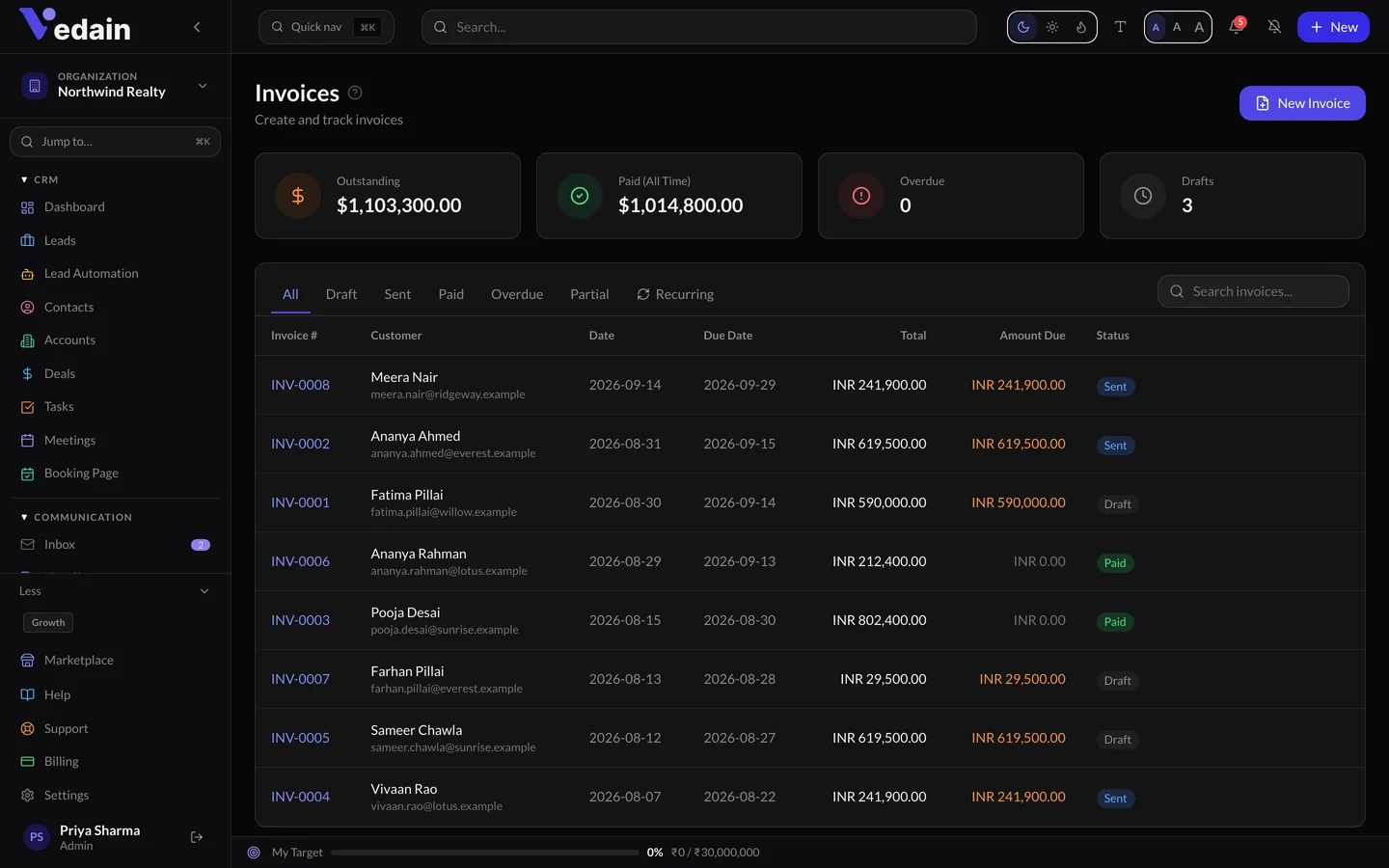 Invoices & Payments in Vedain CRM