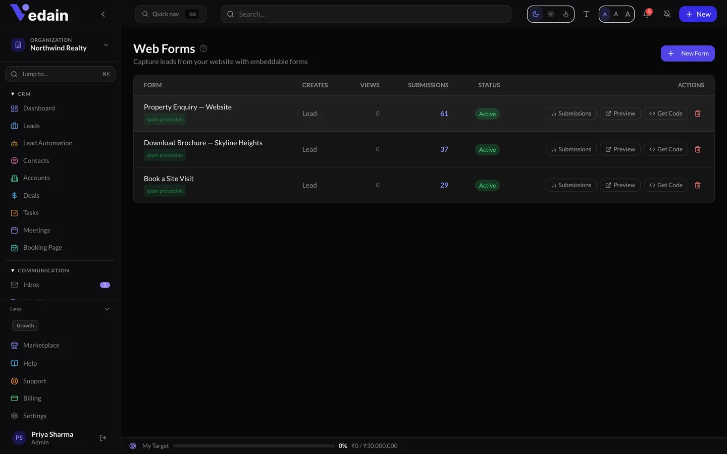 Lead Forms in Vedain CRM