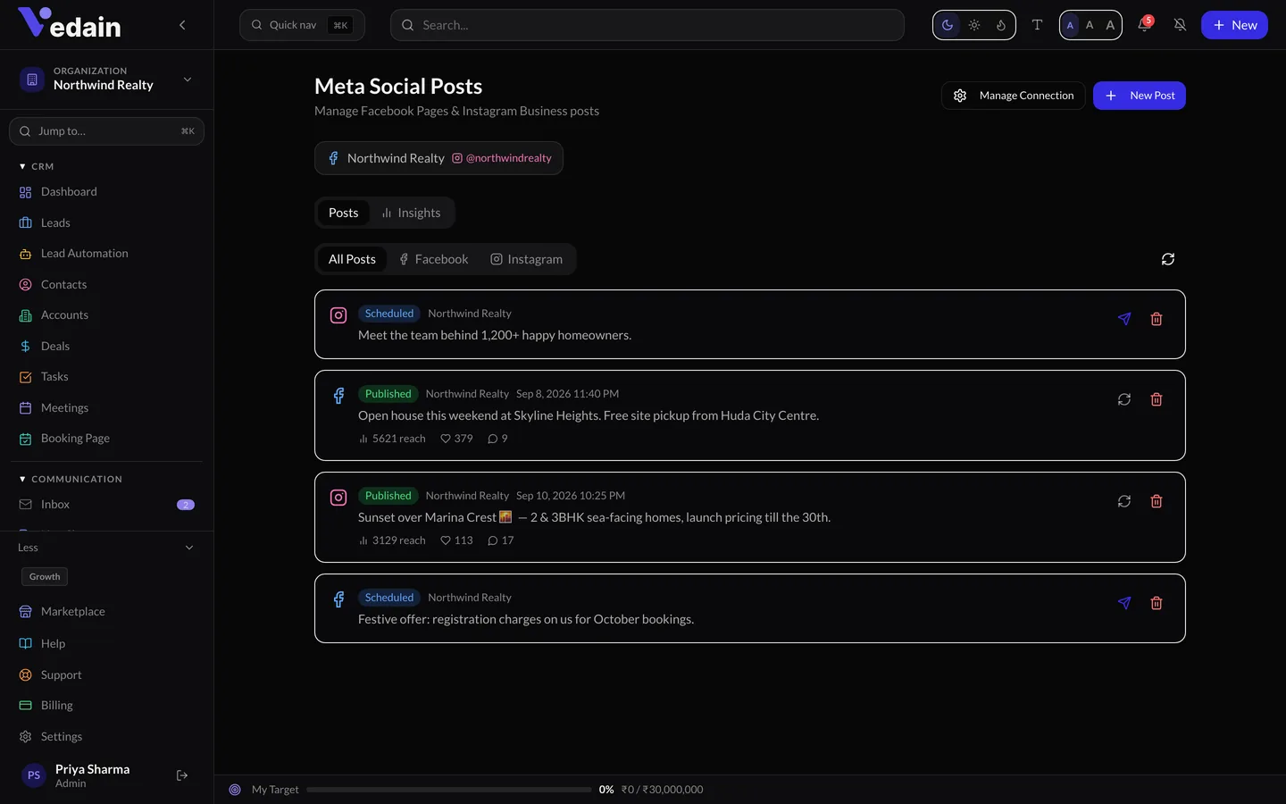 Facebook & Instagram in Vedain CRM