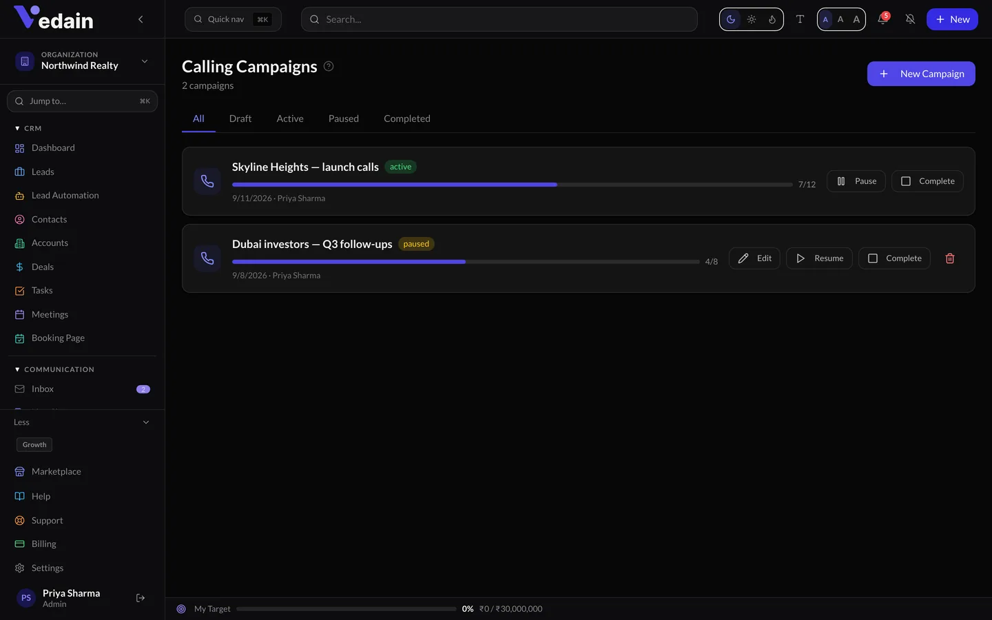 Dialer & Call Logs in Vedain CRM