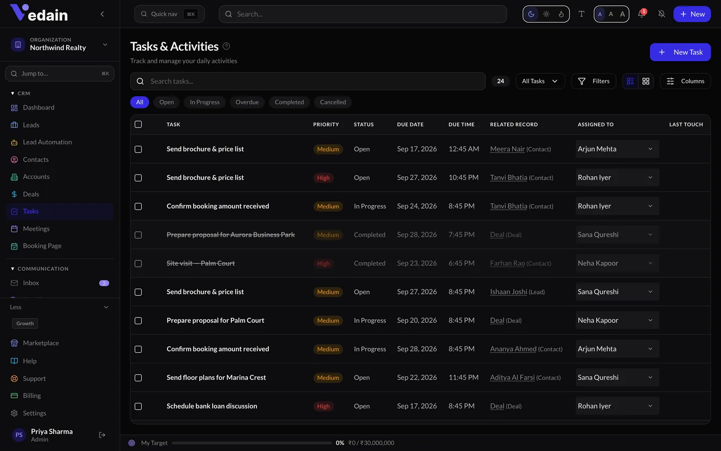 Tasks & Activities in Vedain CRM