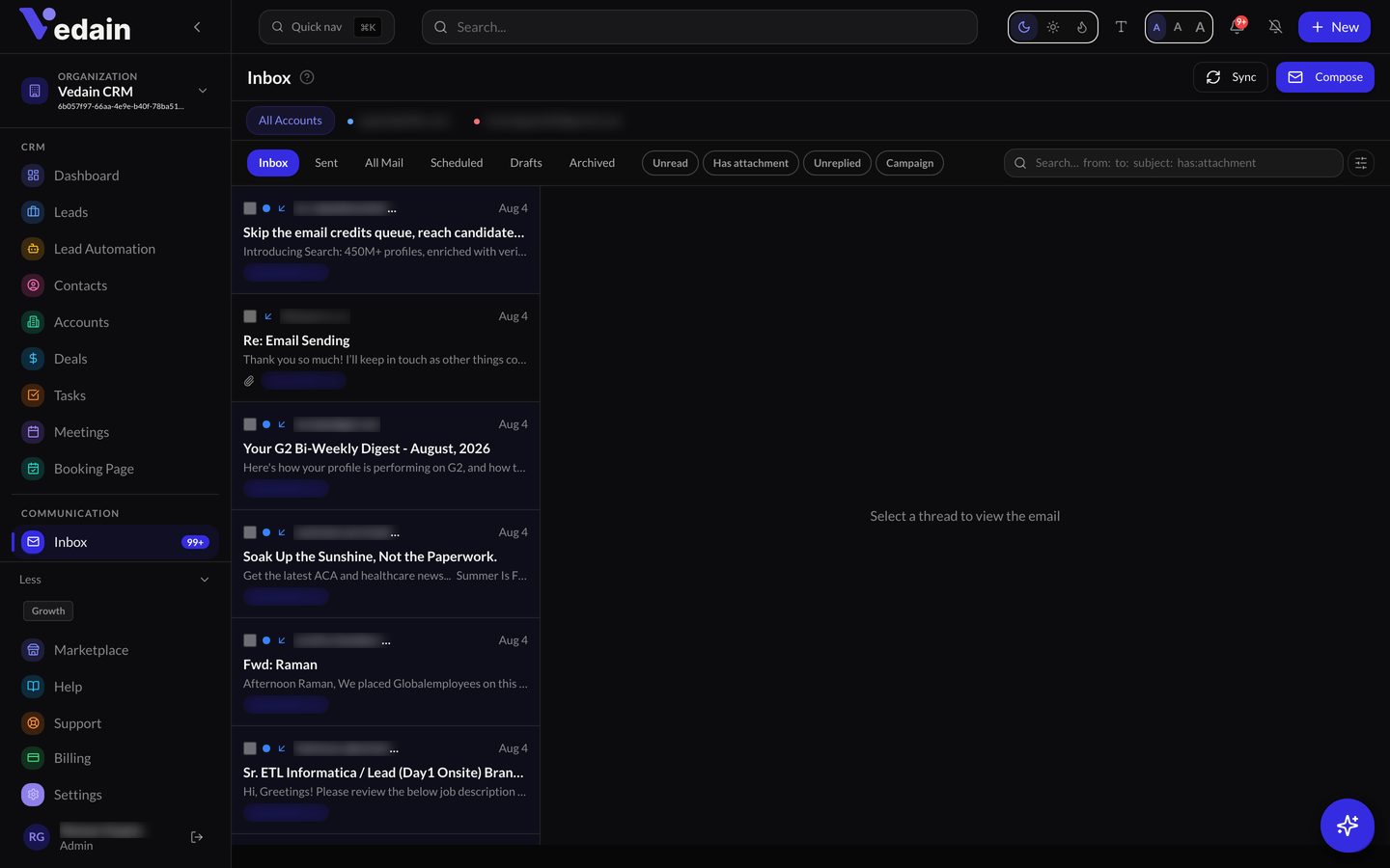 Email Inbox in Vedain CRM
